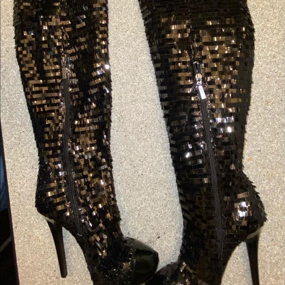 Dereon Wild Beyoncé Black Sequins Thigh High Platform Boots - Picture 8 of 13